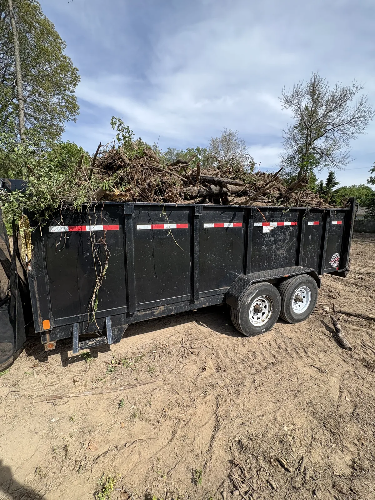 Dump trailer heaped with brush, roots and branches